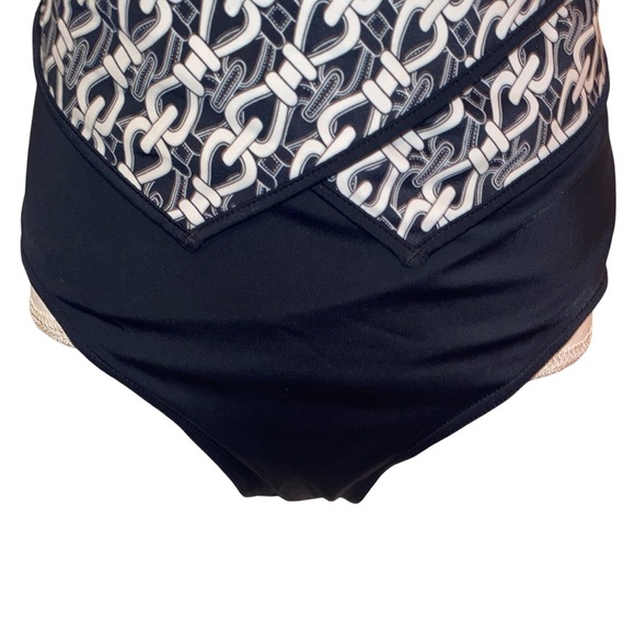Ladies 1 PC Swimsuit W/Bandeau Neckline & Asymmetrical Bodice Hem BLK/WHT SZ 14 - Picture 4 of 9
